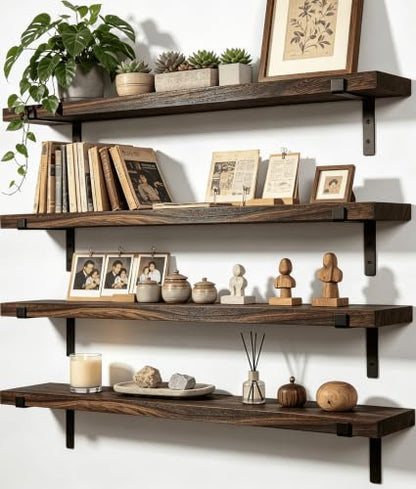 Farmhouse Rustic Wood Floating Shelves Set of 4 - 24 Inch Wall Storage