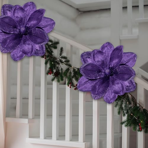 Large 16 Inch Purple Velvet Christmas Magnolia Flowers - 8 Pack