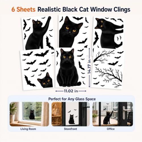 Funny Halloween Black Cat Window Clings - 6 Sheets Static Decor for Glass & Mirrors
