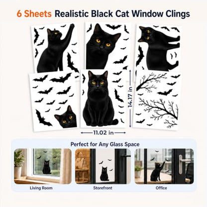 Funny Halloween Black Cat Window Clings - 6 Sheets Static Decor for Glass & Mirrors