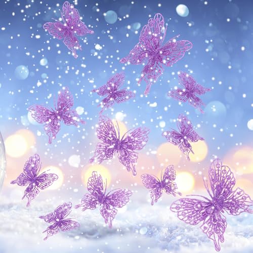 Purple Butterfly Christmas Tree Ornaments Set - 24 Glitter Holiday Decor