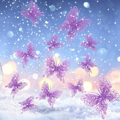 Purple Butterfly Christmas Tree Ornaments Set - 24 Glitter Holiday Decor