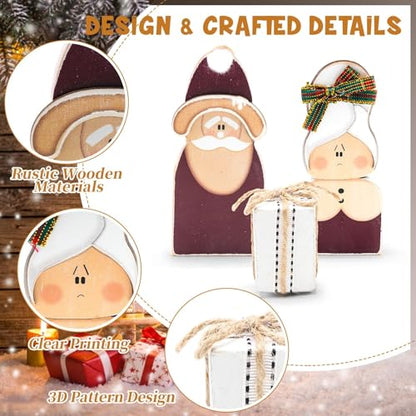 Christmas Decorations Wooden Santa Claus Couple Table Centerpieces - 3 Pcs - Holiday Home Decor
