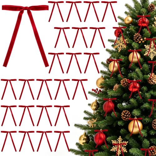 Christmas Red Velvet Bows Set of 24 - 3/8 Inch Wide, 5x7 Inches Holiday Decor