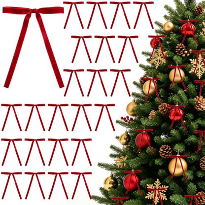 Christmas Red Velvet Bows Set of 24 - 3/8 Inch Wide, 5x7 Inches Holiday Decor