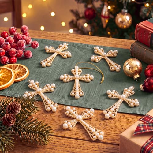 24 Pcs Pearl Cross Christmas Decorations Religious Ornaments - Gold, 3.58 Inches