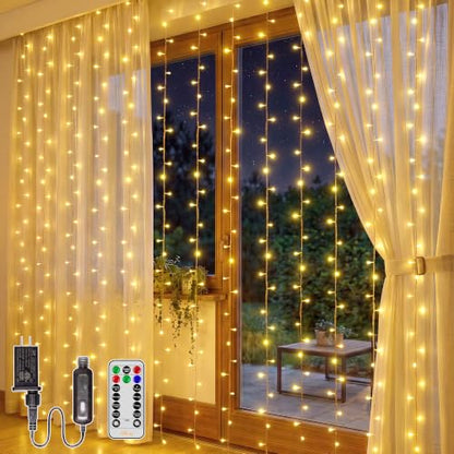 Ollny 200 LED Curtain Lights 6.6ft x 6.6ft Warm White String Lights with Remote