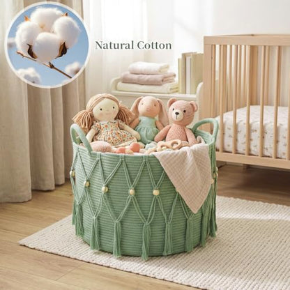 Leinuosen Sage Green Boho Blanket Basket 20 x 13 Inch Storage Organizer