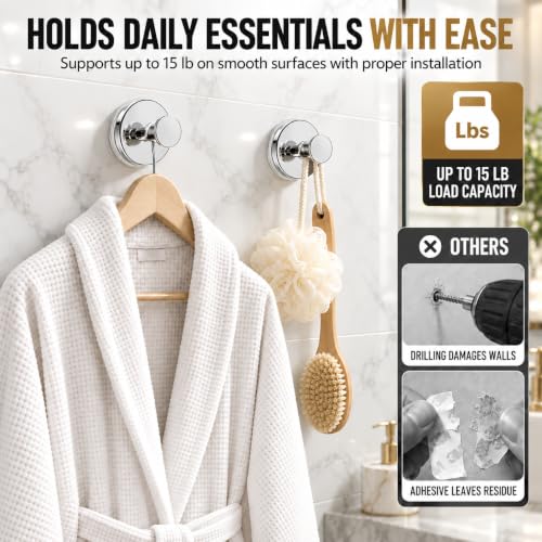 2 Pack Chrome Suction Cup Shower Hooks No Drill Bathroom Towel Robe Hooks