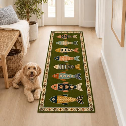 Fish Runner Rug 2x4ft - Washable Non-Slip Hallway Rug in Olive - Fish-Inspired Art