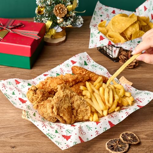 Christmas Wax Paper Sheets - Food-Grade, 10x10 Inches with Christmas Tree Pattern, 100 Sheets