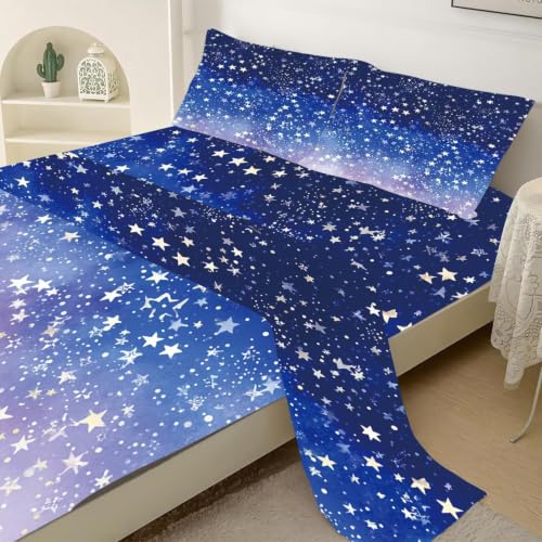 Full Size Galaxy 01 Blue 3D Star Sky Bed Sheet Set - Soft 4-Piece Dorm Bedding