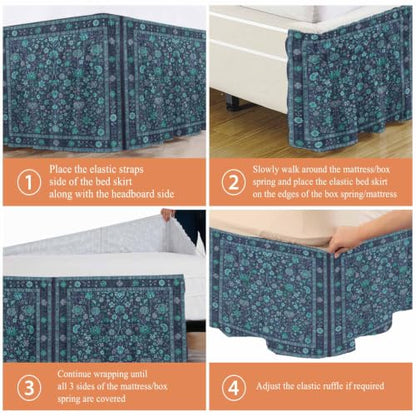 Teal Boho King Bed Skirt 18 Inch Drop Adjustable Elastic Wrap-Around Dust Ruffle