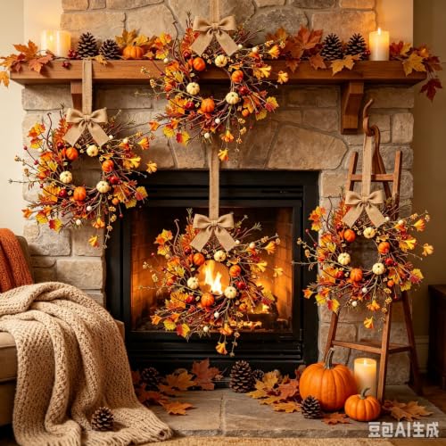 Fall Multi Mini Hanging Wreaths with Maple Leaves Pumpkins Berries Burlap Bow - Set of 4