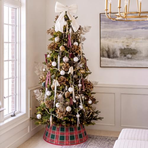 24-Inch Christmas Tree Collar - Red Green Tartan Velvet Holiday Decor