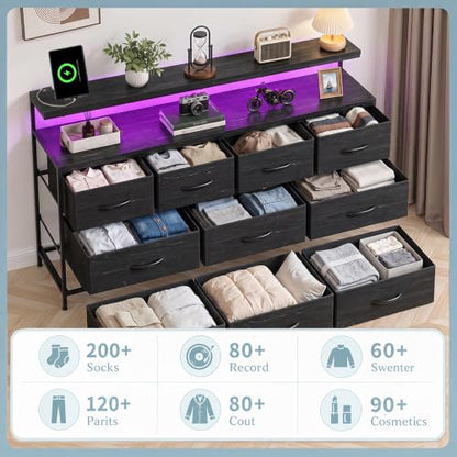 DurayLoly 55" Dresser with LED Ambient Light, 10-Drawer w/ Charging Station - Black