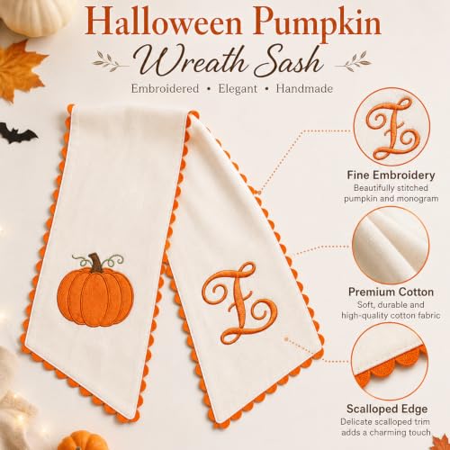 Halloween Pumpkin Wreath Sash - Fall Front Door Decor with Orange Bow (Variation B)