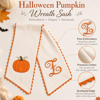 Halloween Pumpkin Wreath Sash - Fall Front Door Decor with Orange Bow (Variation B)