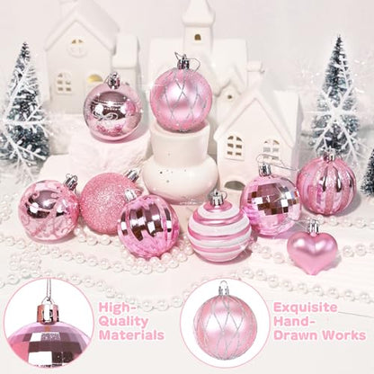 Pink Christmas Tree Ornaments Set with Glittering Balls and Bows - 20 Pieces