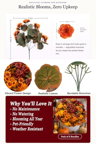 Artificial Geraniums for Outdoors - Fall Mixed Colors, 8 Bundles, Weather-Resistant
