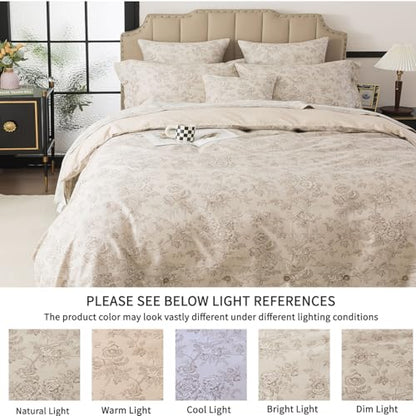 FADFAY Full Size Taupe Mocha Floral Duvet Cover Set – 3-Piece Cotton Bedding