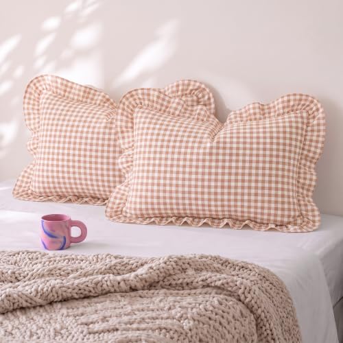 Cotton King Size Pillowcases Set of 2 Gingham Peach Ruffled Farmhouse Bedding