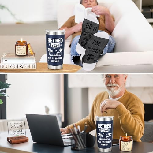 Retirement Gifts for Men 2024, Funny Happy Retirement Party Decoration Gifts for Men, Retired Goodbye Gifts for Coworker Boss Teacher, Men Retirement Tumbler Cup Socks Candle Decoration Sign Gifts Set