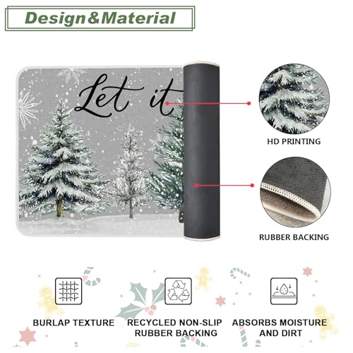 Christmas Winter Kitchen Rugs Set of 3 Snowy Pine Deer Snowflakes Non Slip Mats - 17x29, 17x36, 17x47 - Washable Holiday Floor Decor