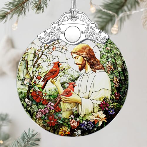Jesus with Cardinals Religious Christmas Ornament - Christian Holiday Decor - Jesus Pattern D