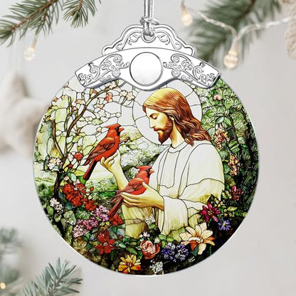 Jesus with Cardinals Religious Christmas Ornament - Christian Holiday Decor - Jesus Pattern D
