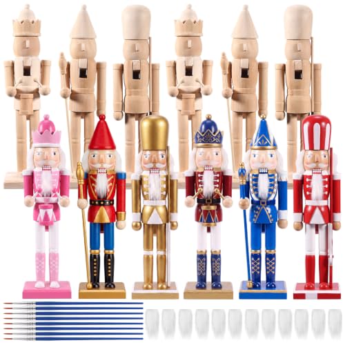 12-Piece Unfinished Wooden Nutcracker Craft Kit with Beards & Brushes - DIY Christmas Decorations (Variation 32)