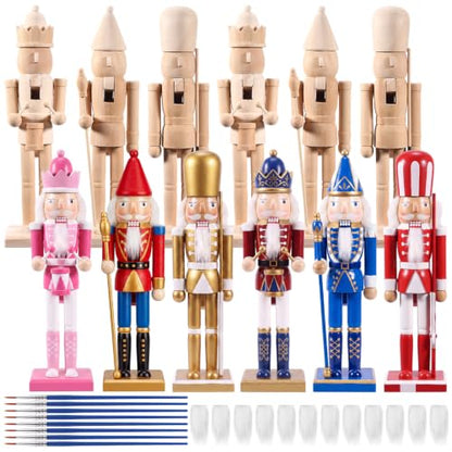 12-Piece Unfinished Wooden Nutcracker Craft Kit with Beards & Brushes - DIY Christmas Decorations (Variation 32)