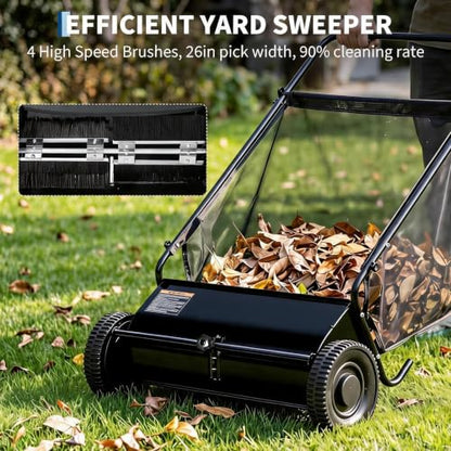 26-Inch Push Lawn Sweeper Leaf & Grass Collector Black with Stepless Height Adjustment