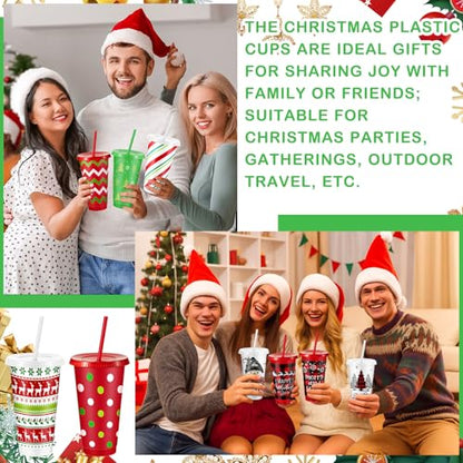 Christmas Plastic Cups with Lids and Straws, 24 oz, Red & Green, 24 Pack - Classic Variation