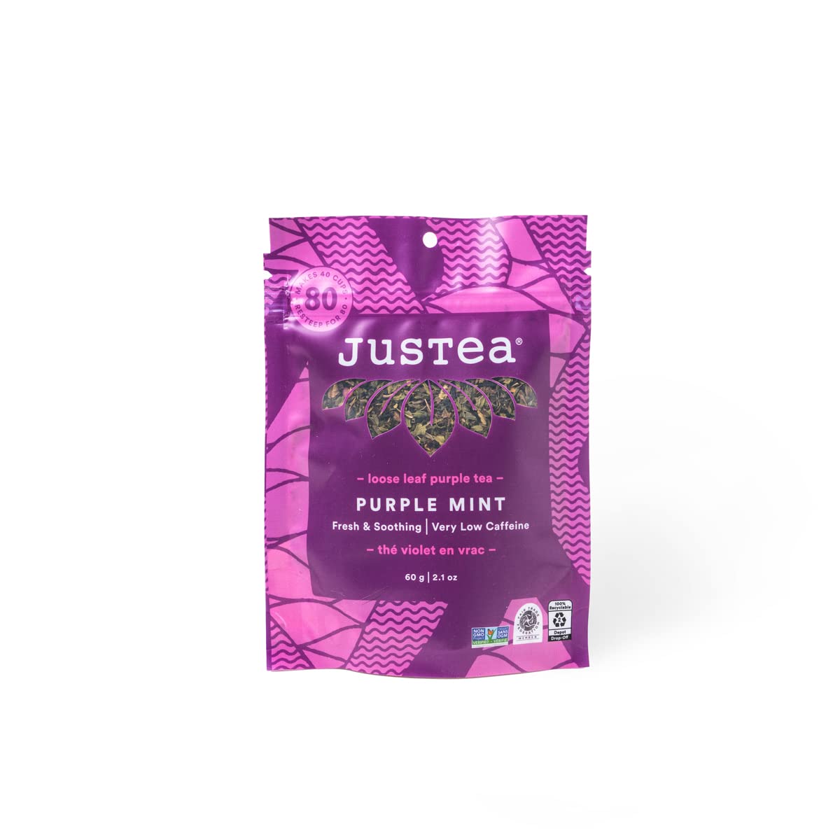 JusTea PURPLE MINT | Loose Leaf Purple Tea | Compostable Refill Pouch | 40+ Cups (2.1oz) | Very Low Caffeine | Award-Winning | Fair Trade | Non-GMO