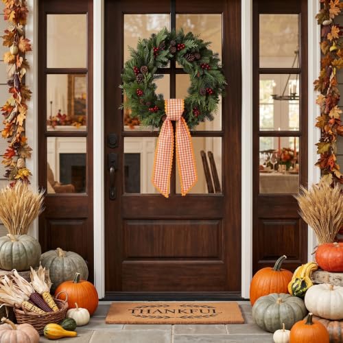 Orange White Plaid Wreath Sash for Front Door - Farmhouse Decor, 5x56 inches