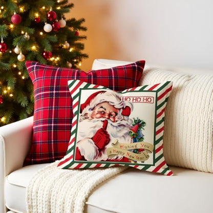 Christmas Pillow Covers 18x18 Set of 4 - Green Red Stripe, Farmhouse Decor