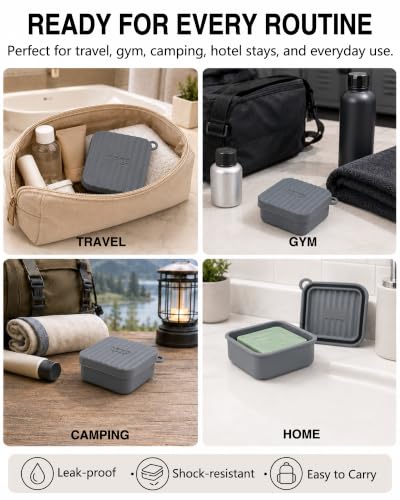Travel Soap Case Leakproof Silicone Square Soap Holder - Dark Gray