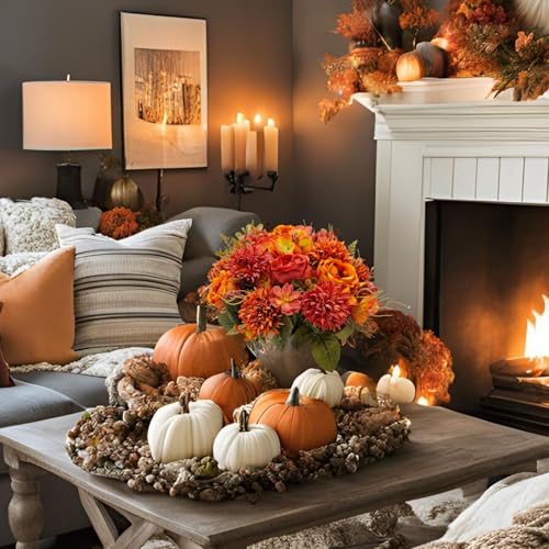 Fall Artificial Flower Bouquet Set - Burnt Orange Peony & Chrysanthemum Decor, 2 Bundles