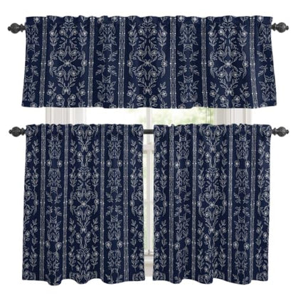 Navy Blue Floral Kitchen Curtains Set Valance & Tier 3 Pieces 54x18+27x24 Variation