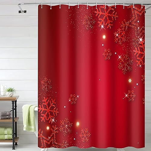 Christmas Shower Curtain 72 x 72 Inches Red Snowflakes Waterproof Polyester Set with Hooks