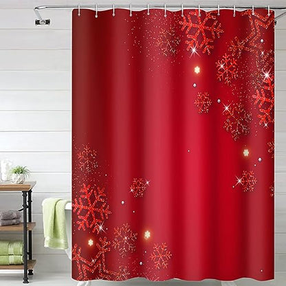 Christmas Shower Curtain 72 x 72 Inches Red Snowflakes Waterproof Polyester Set with Hooks