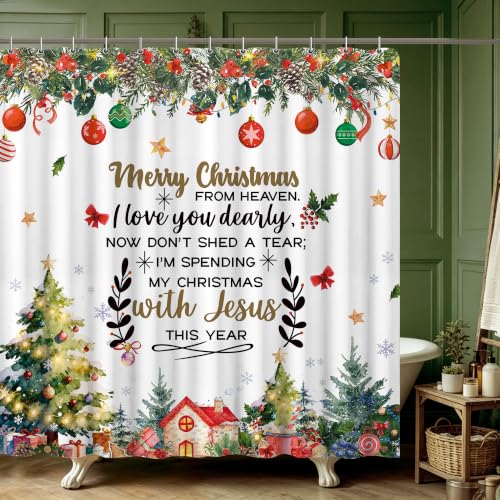 Christmas Shower Curtain with Xmas Tree & Holiday Quotes - Rustic Farmhouse Style, 72x72 Inches - Variation of THIS listing