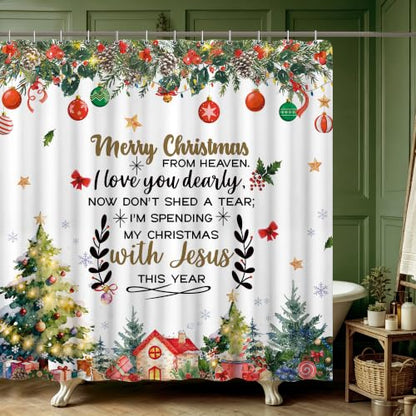 Christmas Shower Curtain with Xmas Tree & Holiday Quotes - Rustic Farmhouse Style, 72x72 Inches - Variation of THIS listing