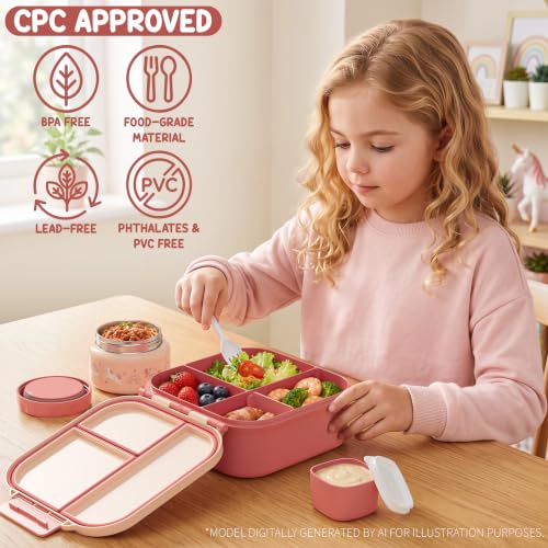Kids Bento Lunch Box Set with Insulated Water Bottle - Heart Bow Variation