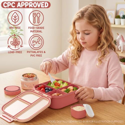Kids Bento Lunch Box Set with Insulated Water Bottle - Heart Bow Variation