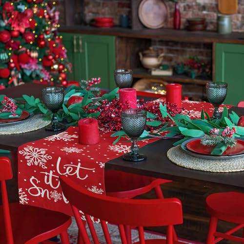 Christmas Table Runner Cotton Linen Let It Snow Decor 13 x 108 Inch - Orange Smearoud0993