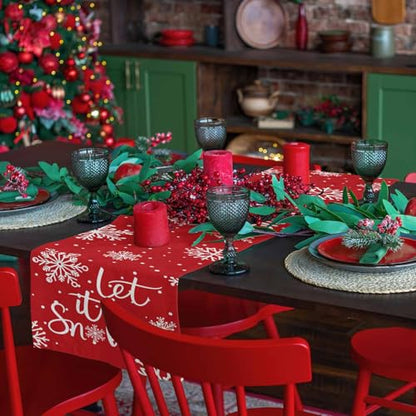 Christmas Table Runner Cotton Linen Let It Snow Decor 13 x 108 Inch - Orange Smearoud0993