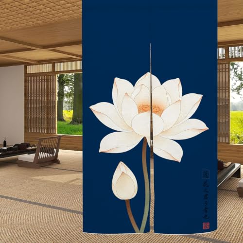Japanese Noren Doorway Curtain - Lotus Print, Navy Blue/Blue White, 33.5x59 in - Variation: Blue White