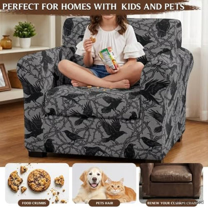 Gothic Crow Thorn Branch Universal Armchair Sofa Cover with Arms - Accent Chair Protector - Black+Pink